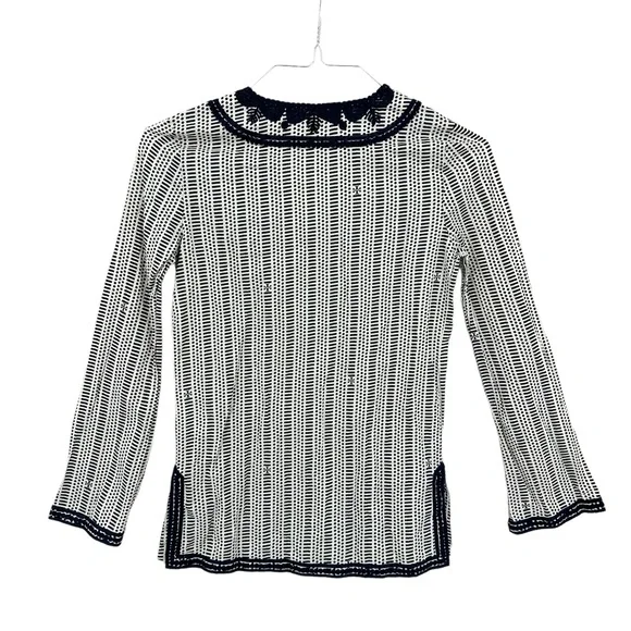 TORY BURCH Tunic Top Geometric Side Slits Long Sleeve Blue Cream - Picture 2 of 7